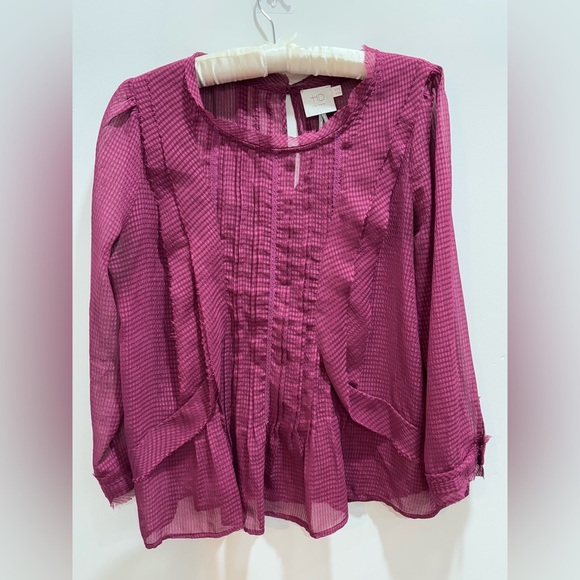 💜 Anthropologie HD in Paris Sheer Long-Sleeve Blouse - Thistle Berry  💜 - Picture 12 of 13